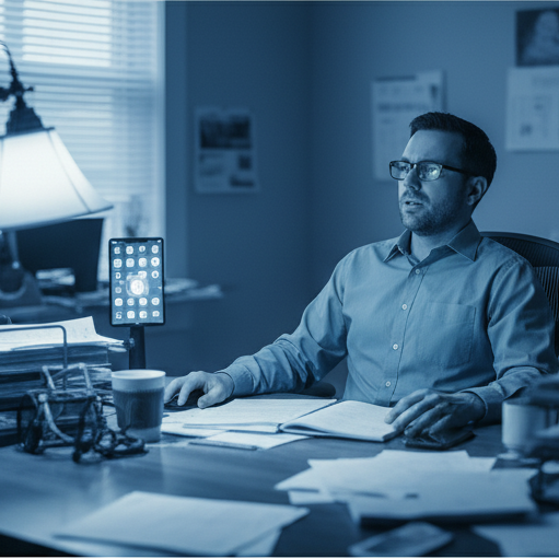 Two images of a man working at a desk with different lighting conditions.